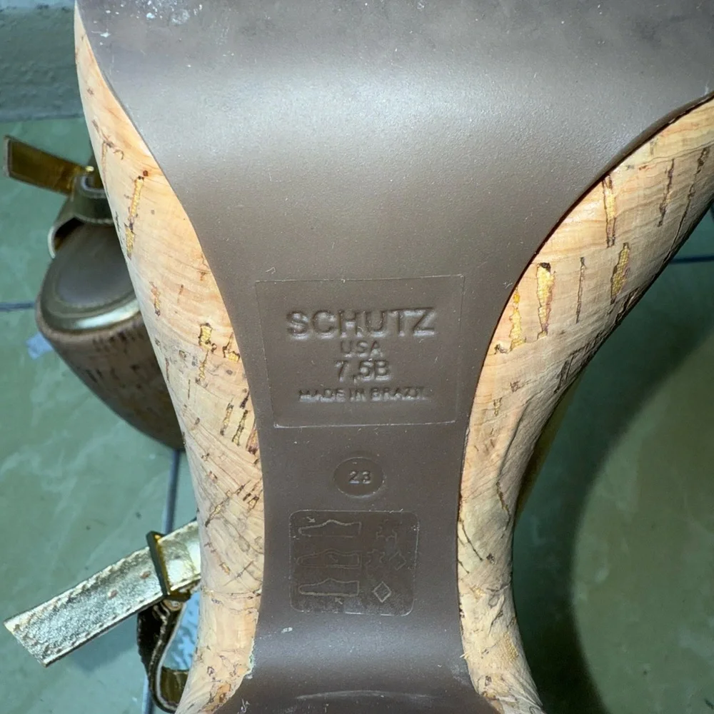 Schutz‎ Gold Platform Sandals Cork Block Heel Disco Glam Boho- 7.5